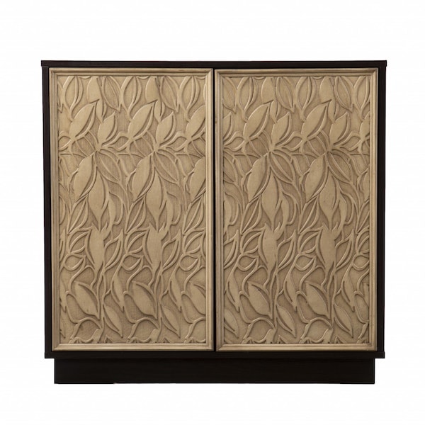 Homeroots 32in Dark Brown And Natural Carved Floral Sideboard with Two Doors 401696 - main