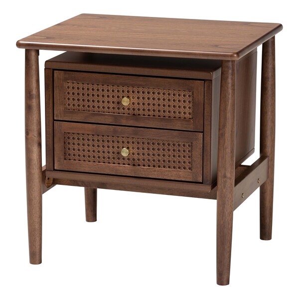 Baxton Studio Alyssa Japandi Walnut Brown Wood 2-Drawer Nightstand Woven with Rattan 252-13949-ZORO - main