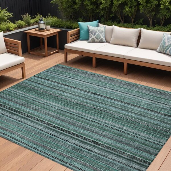 Homeroots 8' X 10' Teal Blue Aqua And Gray Striped Washable Indoor Outdoor Area Rug 616391 - main