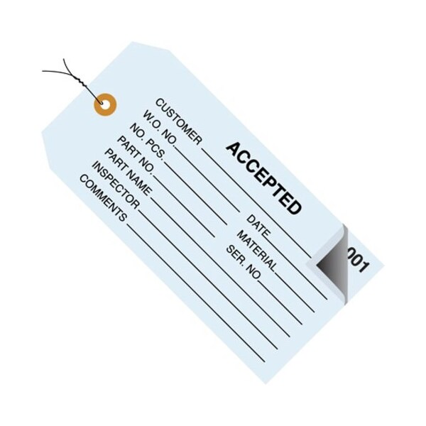 Partners Brand Inspection Tags, 2 Part, Numbered 001-499, Pre-Wired, "Accepted", 4 3/4" x 2 3/8", Blue, PK500 G21013 - main