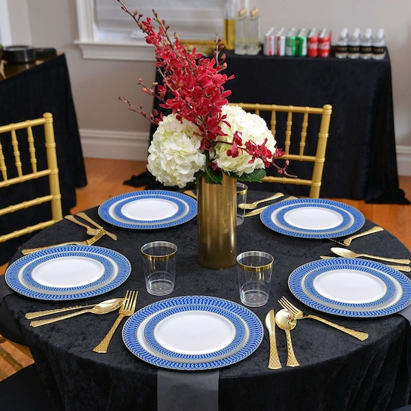 Smarty Had A Party White with Gold Spiral on Blue Rim Plastic Dinnerware Set (120 Dinner Plates+120 Salad Plates), 240PK 670BGVP-CASE - main