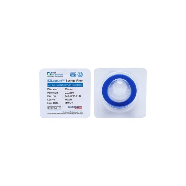 Foxx Life Sciences EZFlow High Particulate Syringe Filter, 0.22um Hydrophilic PVDF w/ Glass Fiber Prefilter, 25mm, 100PK 37P-2216-OEM - main