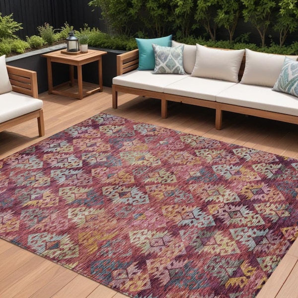 Homeroots 10' X 14' Rust Gold And Blush Aztec Washable Indoor Outdoor Area Rug 615793 - main