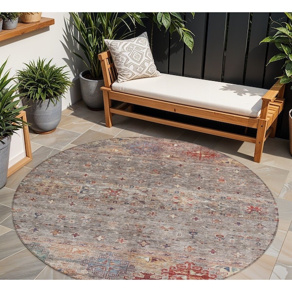 Homeroots 8' Gray Tan And Terra Cotta Round Floral Washable Indoor Outdoor Area Rug 606202 - main