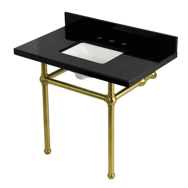 Kingston Brass 36" Black Granite Console Sink with Brass Legs, 8-Inch, 3-Hole, Black Granite/Brushed Brass KVPK3630KBSQ7 - main