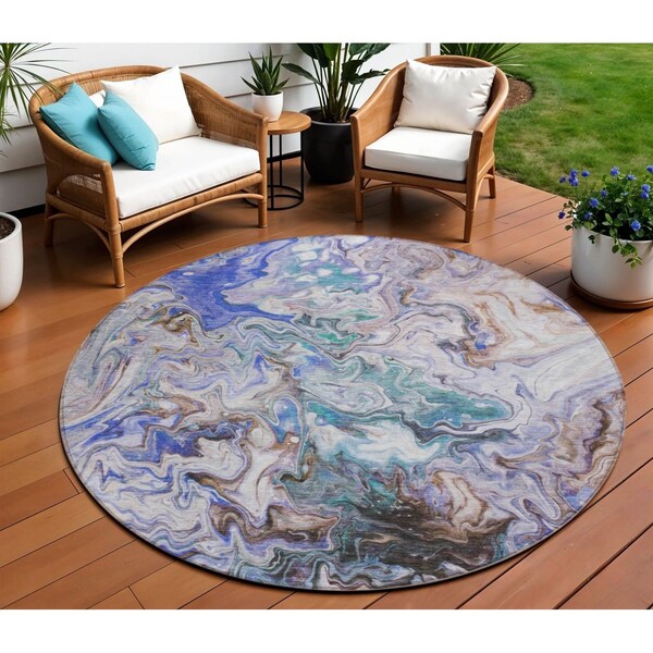 Homeroots 8' Beige Blue And Taupe Round Abstract Washable Indoor Outdoor Area Rug 577952 - main