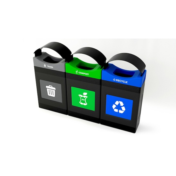 Commercial Zone Products Avante Series Triple Stream Black Trash/Recycling/Composting 30 Gallon Shallow Containers w/ Canopy 787308MSA - main