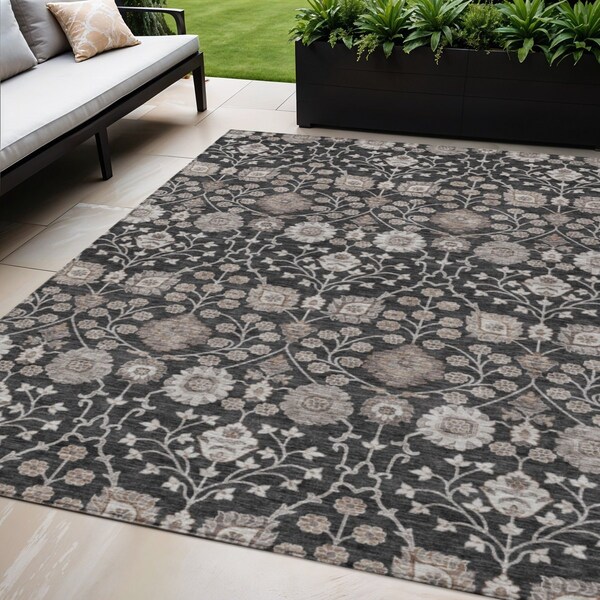 Homeroots 5' X 8' Black Brown And Beige Floral Washable Indoor Outdoor Area Rug 605414 - main