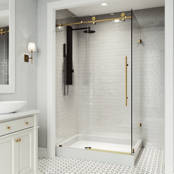 Vigo Elan E-Class 36 in. L x 48 in. W x 82 in. H Frameless Sliding Shower Enclosure Kit in Matte Gold VG6053MGCL48WL - main