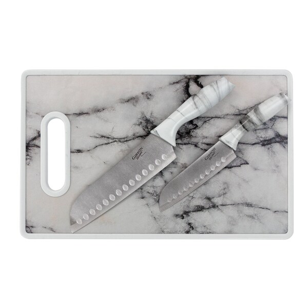 Gibson Home Beaumont 3 Piece Stainless Steel Santoku Knife Set with Cutting Board in White Marble 127587.03 - main