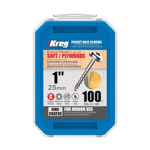 Kreg No. 8 X 1 in. L Square Zinc-Plated Coarse Pocket-Hole Screw 100 pk SML-C1 - 100 - main