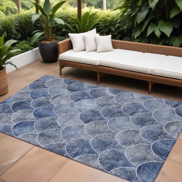 Homeroots 8' X 10' Denim Blue And Gray Abstract Washable Indoor Outdoor Area Rug 577664 - main