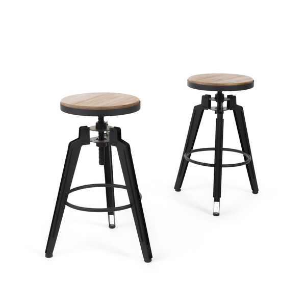 Homeroots Set of Two Natural and Black Iron and Wood Backless Adjustable Height Swivel Bar Chairs, 2PK 629126 - main
