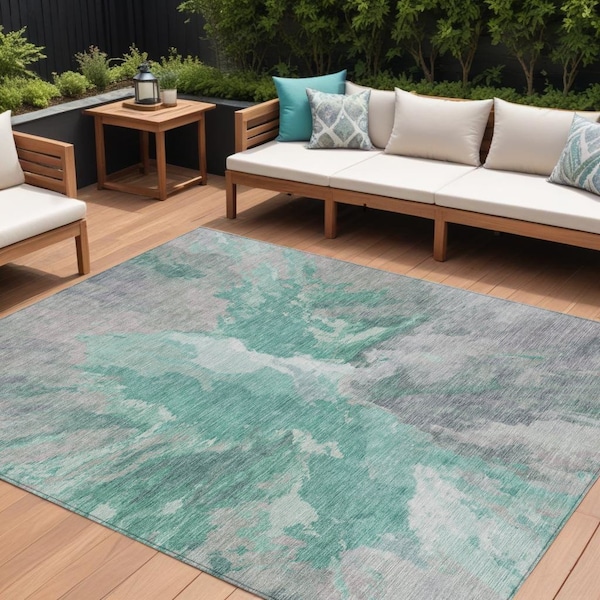 Homeroots 8' X 10' Teal Blue And Lavender Abstract Washable Indoor Outdoor Area Rug 615629 - main