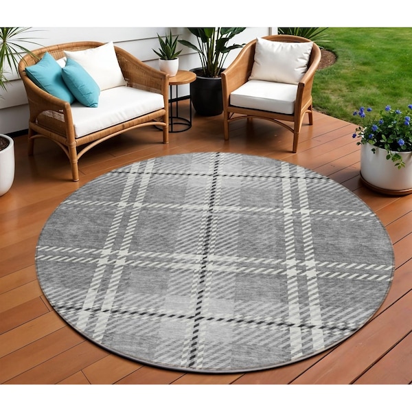 Homeroots 8' Gray Black And Ivory Round Plaid Washable Indoor Outdoor Area Rug 596341 - main
