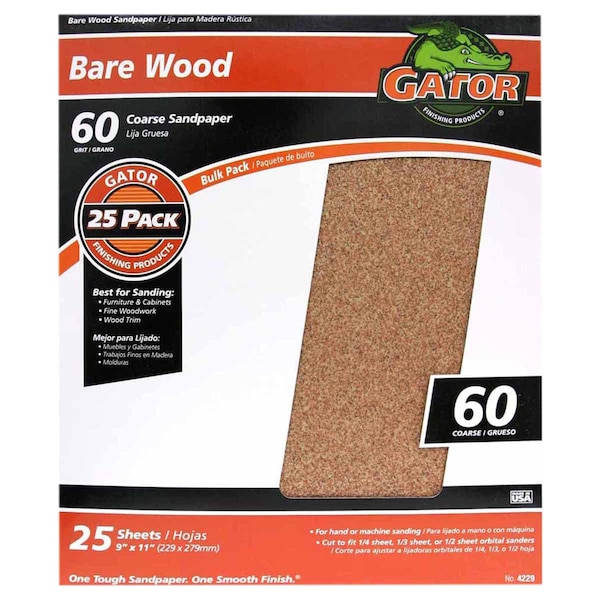 Gator Finishing 9 x 11 in. Bare Wood Sandpaper, 60 Grit, Coarse, 25PK 4229 - main