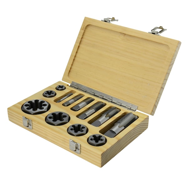 Drill America 12 Piece Carbon Steel NPT Pipe Tap and Die Set (1/8" 1/4" 3/8" 1/2" 3/4" and 1" in Wooden Case) DWTNPT-SET - main