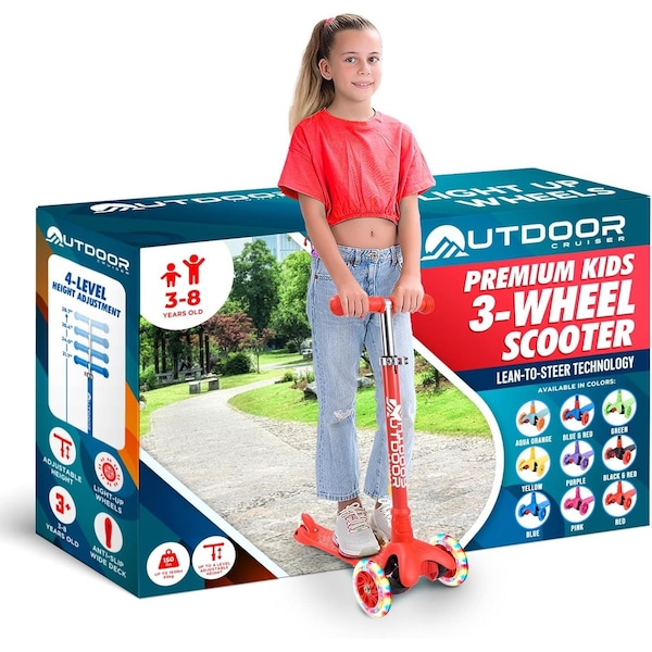 Outdoorcruiser Outdoor Cruiser 3-Wheel Kids Scooter, Lean-to-Steer, LED Wheels, Adjustable, Red, Ages 3-8 OCKSRED - main