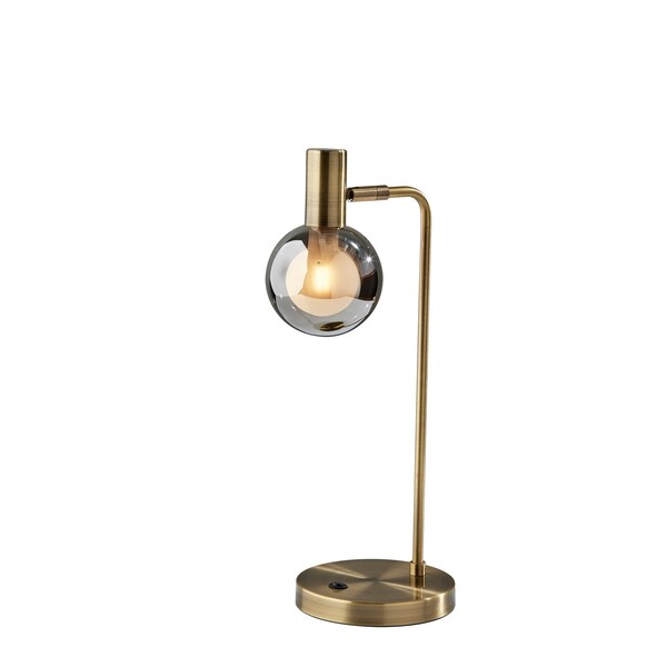 Homeroots 18" Antiqued Brass Metal Cylinder Desk Table Lamp With Gray Globe Shade With Starling LED Bulb 524633 - main