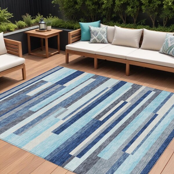 Homeroots 10' X 14' Blue Gray And Ivory Striped Washable Indoor Outdoor Area Rug 613265 - main