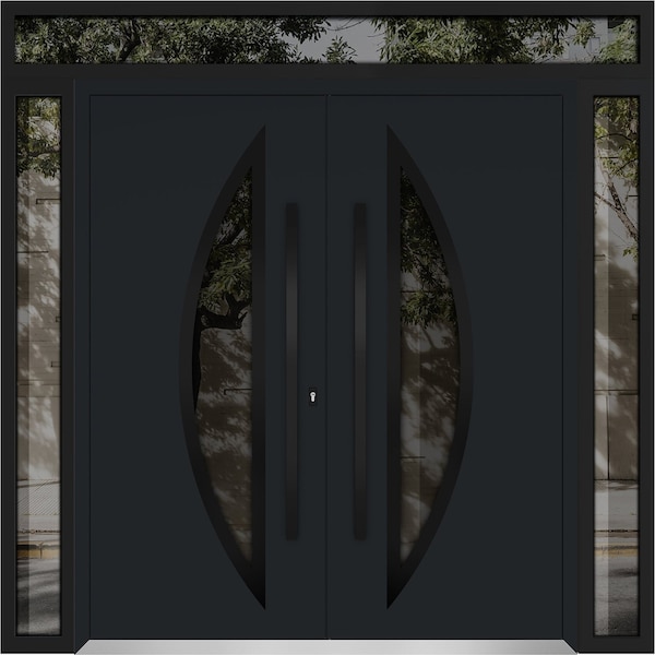 Vdomdoors Metal Double Doors Deux 6501 Black Enamel Opaque Black Glass 2 Sidelights and Top Transom Entry Mod DEUX6501DEXD-BLK-W16+72+16xH80+14-LH-O - main