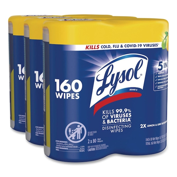 Lysol Disinfecting Wipes, 1-Ply, 7 x 7.25, Lemon and Lime Blossom, White, 80 Wipes/Canister, 6PK 19200-80296 - main