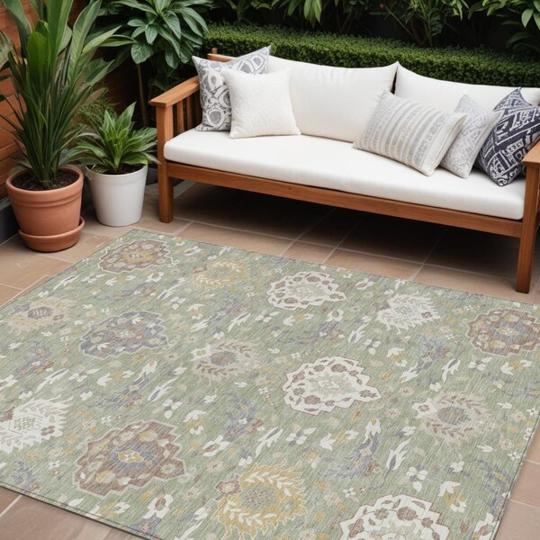 Homeroots 9' X 12' Artichoke Green Brown And Ivory Damask Washable Indoor Outdoor Area Rug 599392 - main