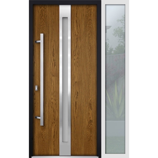 Vdomdoors Steel Door Deux 1744 Natural Oak Sidelight Exterior White Window Stainless Inserts Single Modern Pa DEUX1744EXD-OAKW-W36+14xH80-RH-O - main