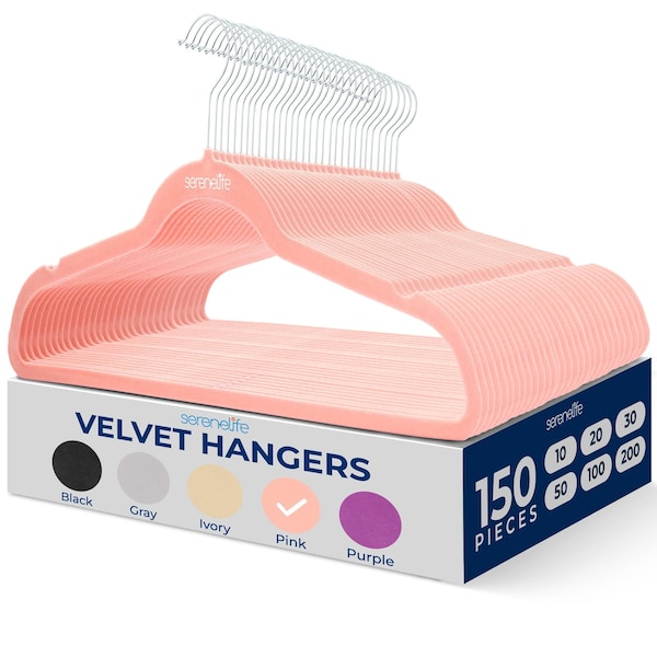 Serenelife Velvet Hangers, Ultra-Thin Space Saving, 360 Deg Swivel Hooks, Non-Slip Heavy Duty, Pink, 150PK SLHVELPIK150 - main