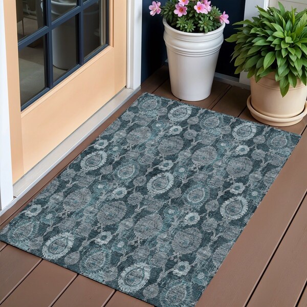 Homeroots 3' X 5' Teal Blue And Sky Blue Damask Washable Indoor Outdoor Area Rug 588196 - main