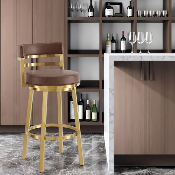 Homeroots 30" Coffee and Gold Faux Leather and Stainless Steel Low Back Bar Height Swivel Bar Chair 569167 - main