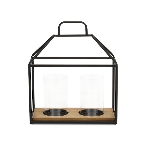 Homeroots 15" Black Metal Glass And Wood Geometric Two Light Hurricane Candle Holder 638044 - main
