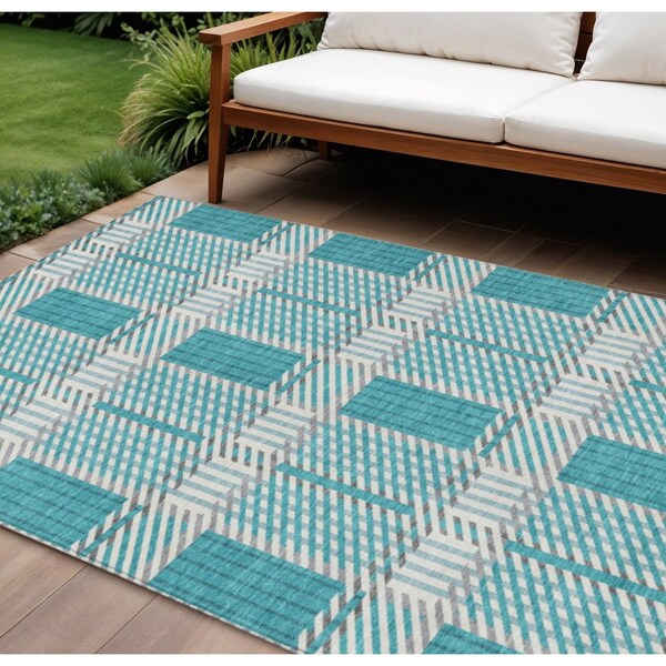 Homeroots 9' X 12' Teal Blue Gray And Ivory Plaid Washable Indoor Outdoor Area Rug 597593 - main