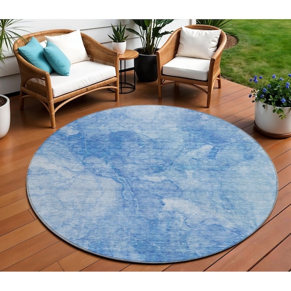 Homeroots 8' Denim Blue And Sky Blue Round Nautical Washable Indoor Outdoor Area Rug 581727 - main
