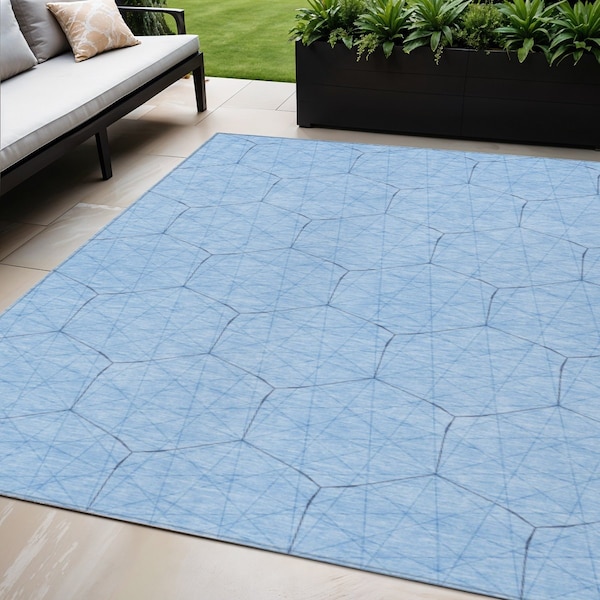 Homeroots 5' X 8' Sky Blue And Black Geometric Washable Indoor Outdoor Area Rug 596765 - main