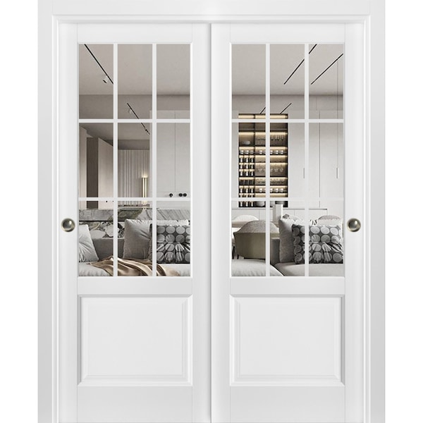 Sartodoors Sliding Closet Bypass Doors, Felicia 3599 White Silk with Clear Glass, Sturdy Rails Moldings Trims FELICIA3599DBD-WS-48 - main