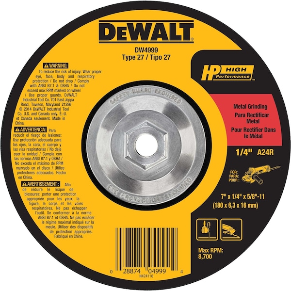 Dewalt Depressed Center Grinding Wheel, Type 27, 7 in Dia, 0.25 in Thick, 5/8"-11 Arbor Hole Size, 24 Grit DW4999 - main