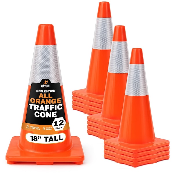Xpose Safety 18 Inch All Orange Traffic Cone with 6in Reflective Collars, 12PK AOTC18-6-12-X - main