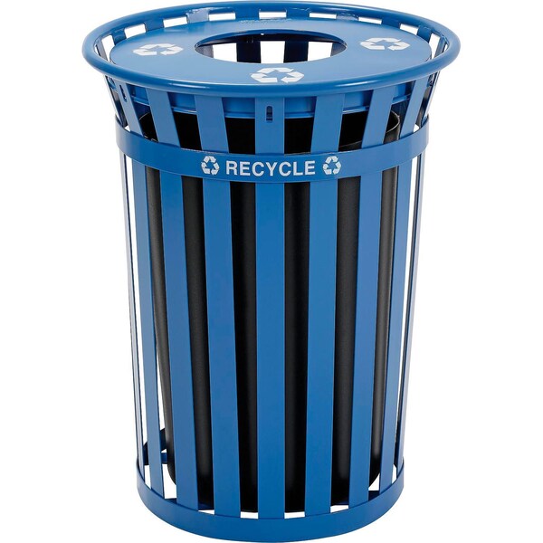 Global Industrial Outdoor Steel Slat Recycling Trash Can, Flat Lid, 36 Gallon, Blue B3178686 - main