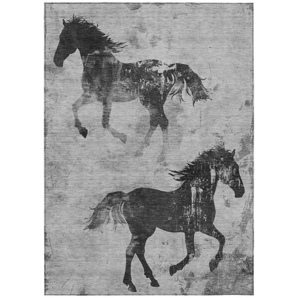 Homeroots 5' X 8' Gray And Charcoal Horse Washable Indoor Outdoor Area Rug 618656 - main
