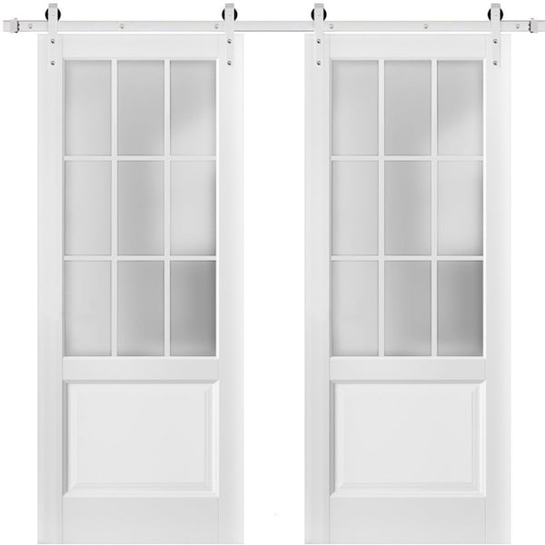Sartodoors Sturdy Double Barn Door with Frosted Glass 9 Lites, Felicia 3309 Matte White, 13FT Rail Hangers He FELICIA3309DB-S-BEM-64 x 80(2*32x80) - main