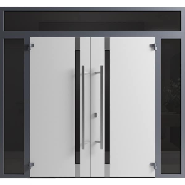 Vdomdoors Front Exterior Prehung Aluminum Double Doors Ronex1011 Grey 2 Sidelights and Top Transom Mirrored RONEX1011DEXD-GRE-W14+72+14xH96+14-RH-I - main