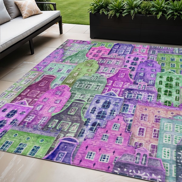 Homeroots 5' X 8' Purple Lilac And Green Village Houses Washable Indoor Outdoor Area Rug 577872 - main