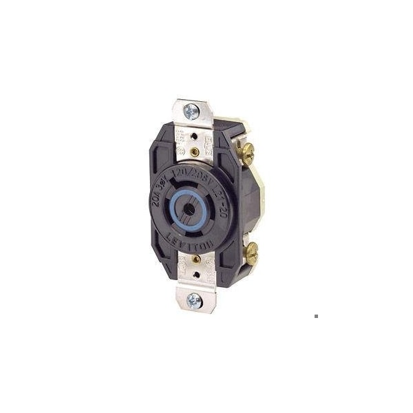 Leviton Flanged Locking Receptacle, L21-20R, 20 A, 120/208V AC, Three Phase, 4 Pole, Flush Mount, Black 2510 - main