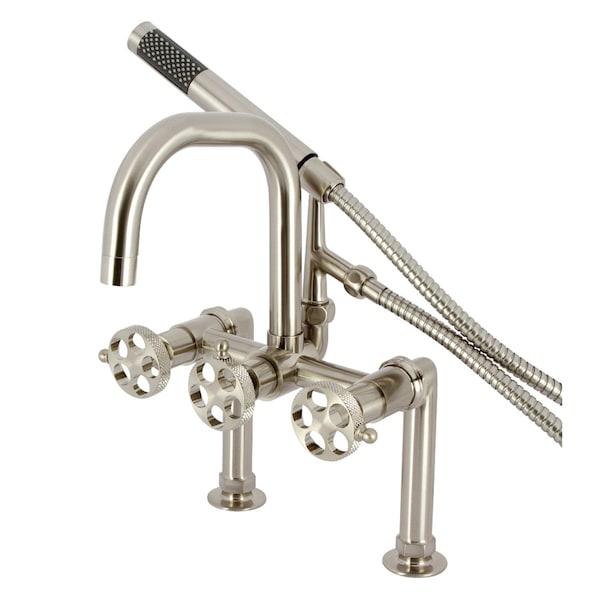 Kingston Brass 7" Center Deck-Mount Clawfoot Tub Faucet with Knurled Handle and Hand Shower, Brushed Nickel AE8408RKX - main