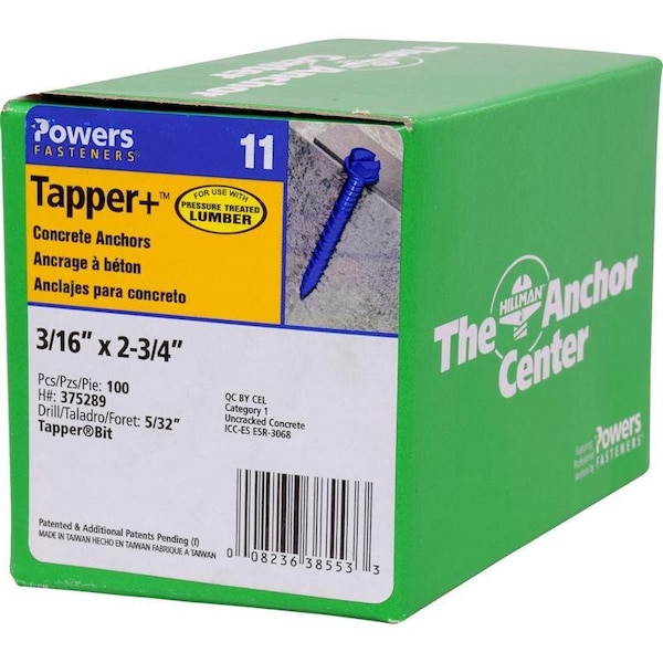 Hillman Tapper 3/16 in. D X 2.75 in. L Steel Hex Head Concrete Screw Anchor, 100PK 375289 - main