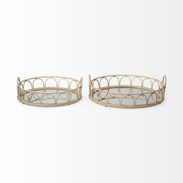 Homeroots Set of Two Brown Round Wood Indoor Outdoor Vanity Tray With Handles 376057 - main