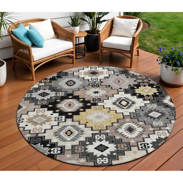 Homeroots 8' Black Wheat And Gray Round Southwestern Washable Indoor Outdoor Area Rug 632253 - main