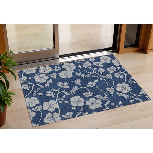 Homeroots 3' X 5' Navy Blue And Gray Floral Washable Indoor Outdoor Area Rug 600024 - main