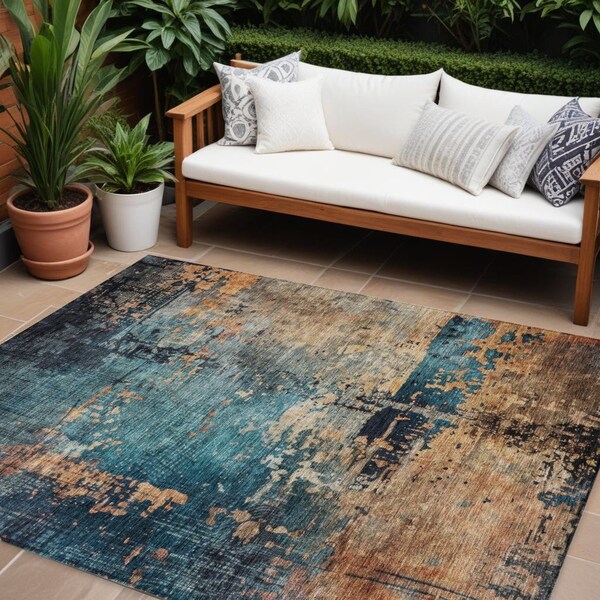 Homeroots 8' X 10' Teal Blue Black And Copper Abstract Washable Indoor Outdoor Area Rug 606077 - main